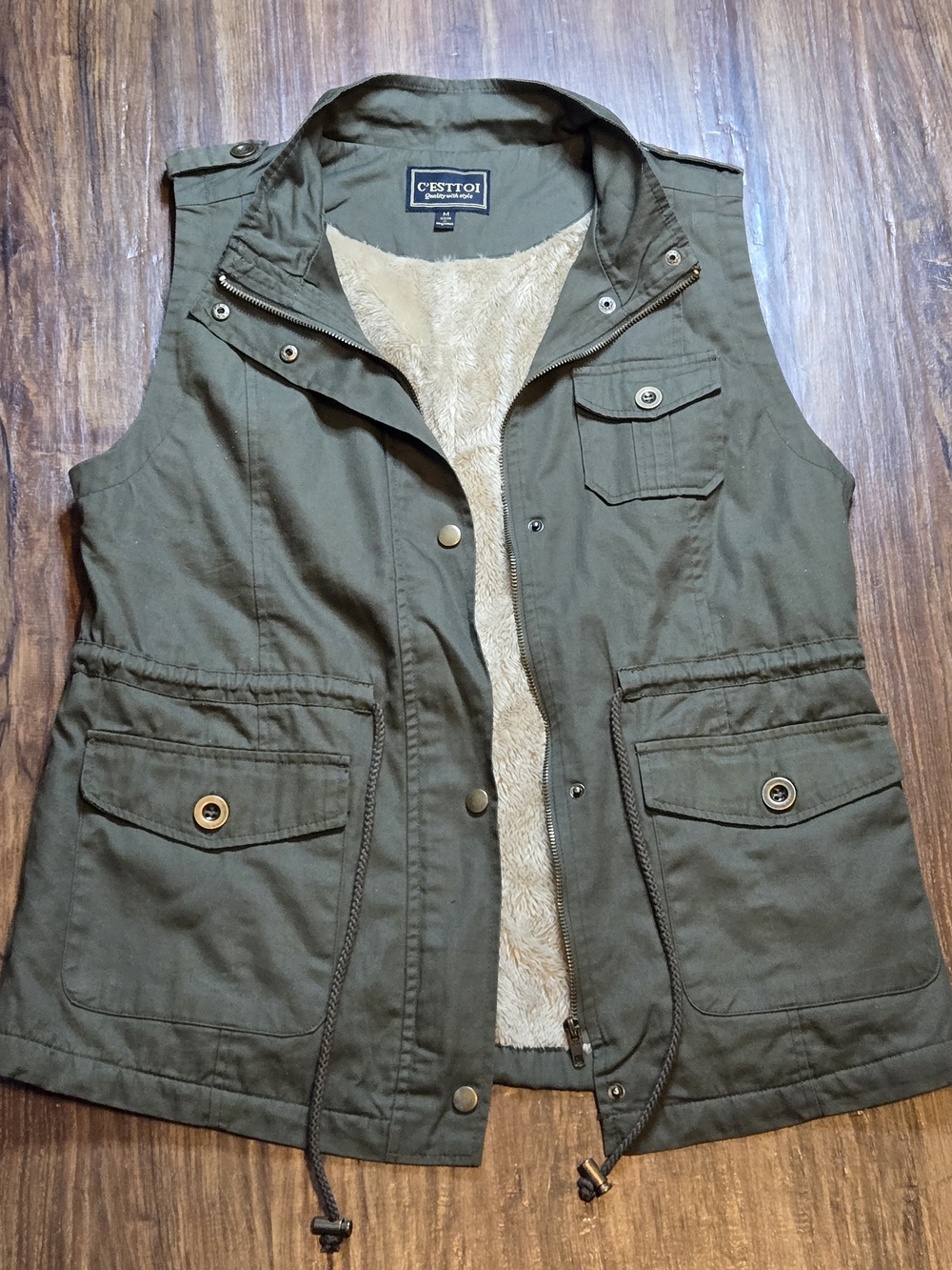 C'esttoi Olive Green Quilted-Look Utility Vest with Faux Fur Lining
